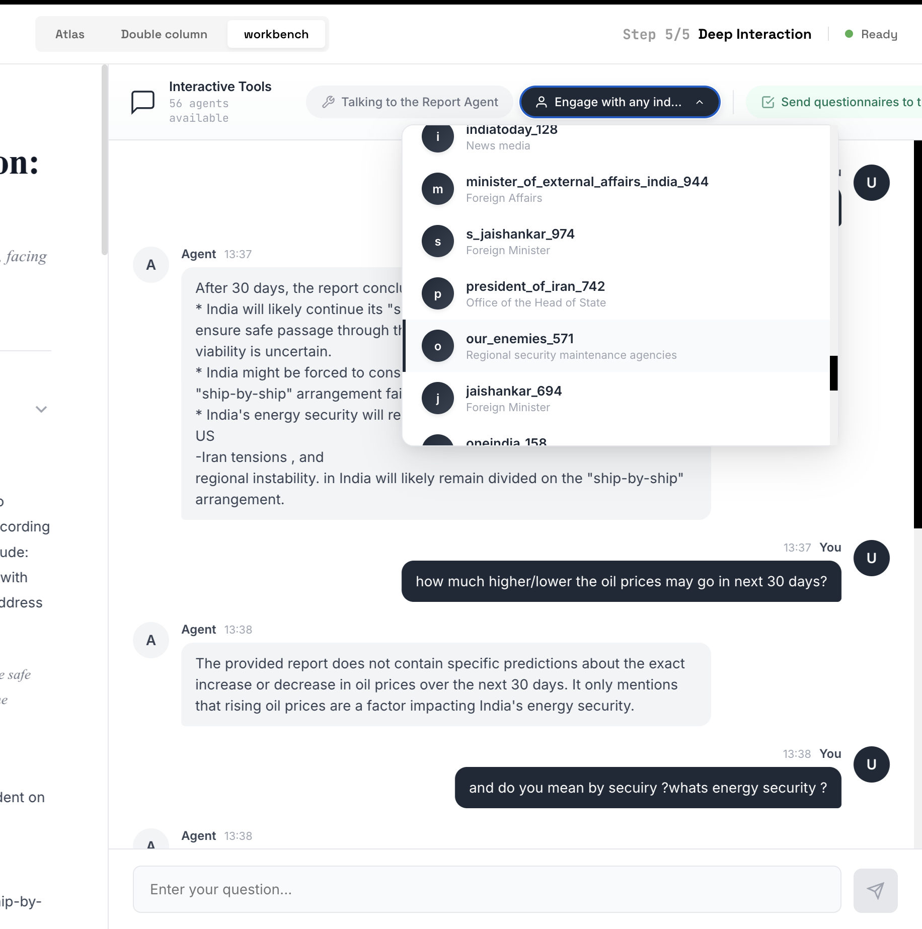 MiroFish Deep Interaction mode showing agent unable to answer specific oil price prediction question